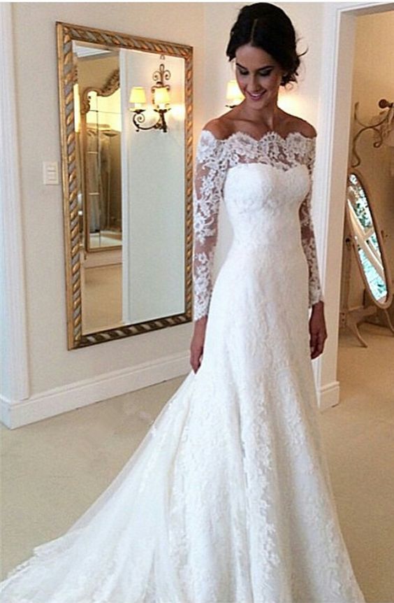 Lace Off The Shoulder Long Mesh Sleeves Floor Length Mermaid Wedding Dress Featuring Train Lace Off The Shoulder Long Mesh Sleeves Floor Length Mermaid Wedding Dress Featuring Train