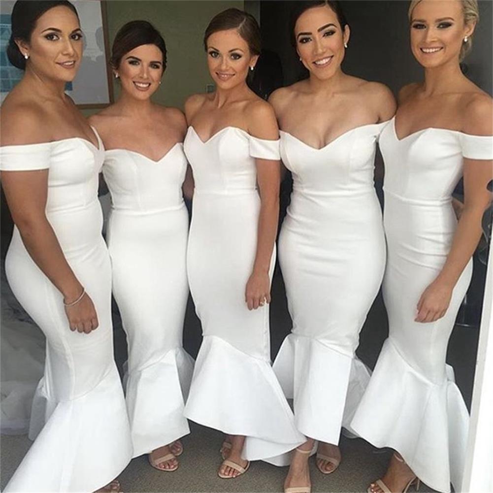 Custom Made White Off Shoulder High Low Floor Length Trumpet Custom Made White Off Shoulder High Low Floor Length Trumpet Bridesmaid Dresses